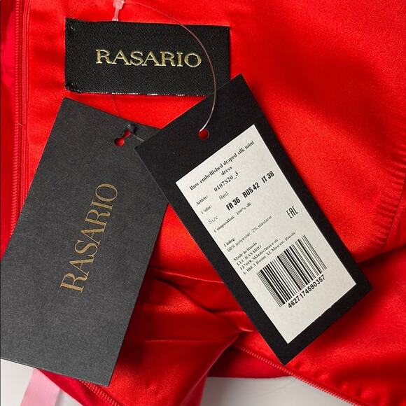 RASARIO Bow Embellished Draped Ruffle Silk Red Mini Dress Size 4 - Picture 8 of 10